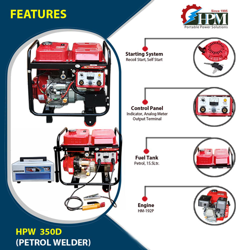 300 Amps Welding Generator - 9.KW, with Recoil & Self Start Petrol Run, Model HPW-350D  